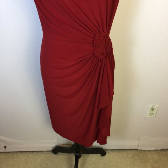 Jones New York Sheath Dress Sz 8 Womans Red Knit Short Cap Sleeve Flower Ruched - Picture 5 of 13